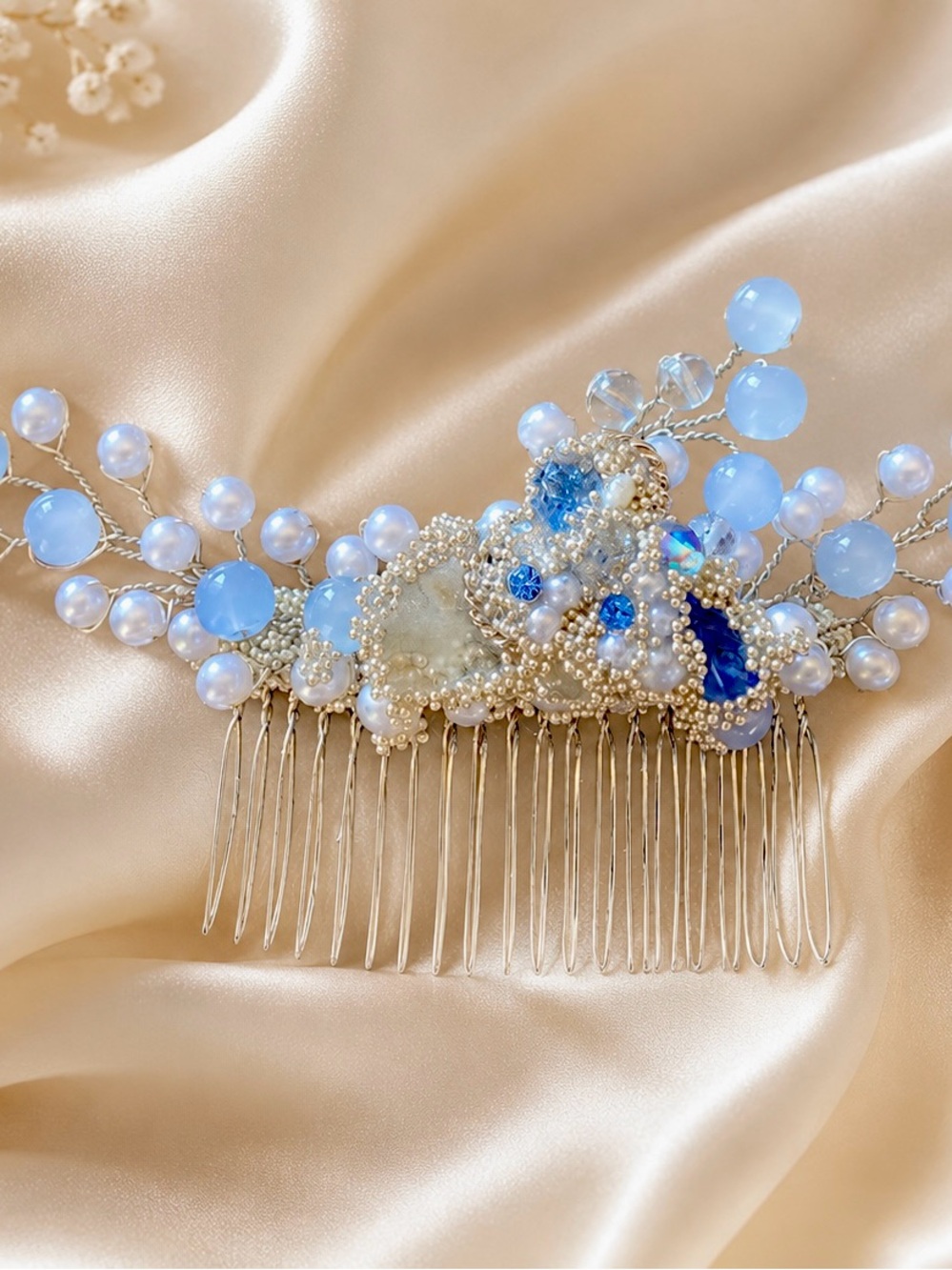 Handcrafted Blue and Pearl White Beaded Bridal Hair Comb